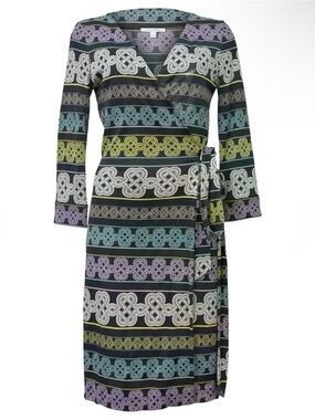 Diane Von Furstenberg Silk Wrap Dress Knot Print Black Multi Size 0 DVF